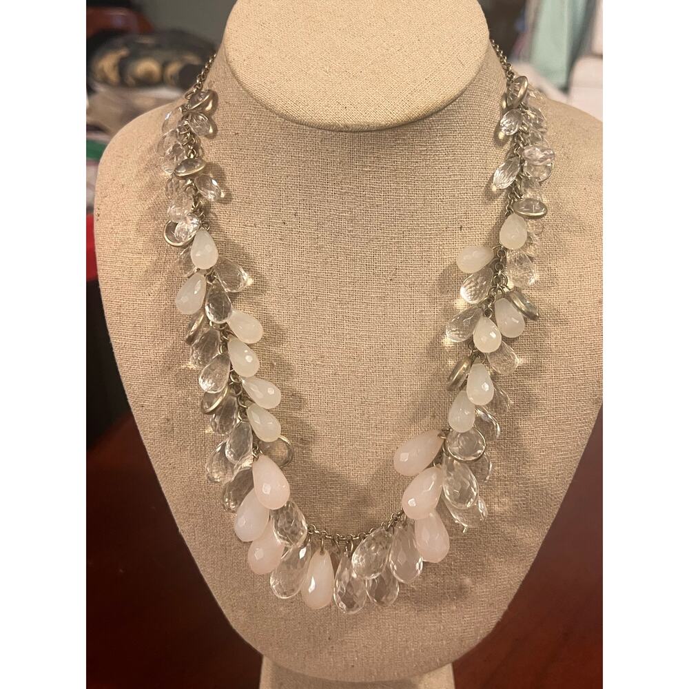 Loft Women's Long Necklace Beaded Workwear Milky White & Clear Boho Party